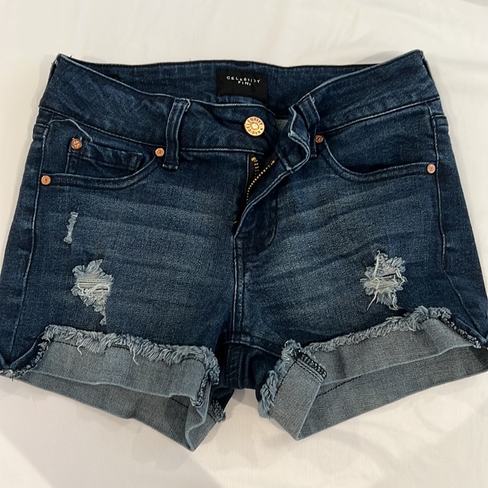 women size 0 24 dark blue jeans shorts folded hem stretchy distressed denim Y2K
